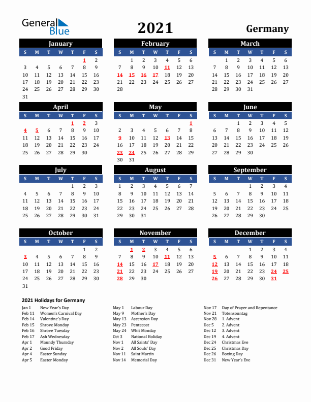 2021 Germany Holiday Calendar