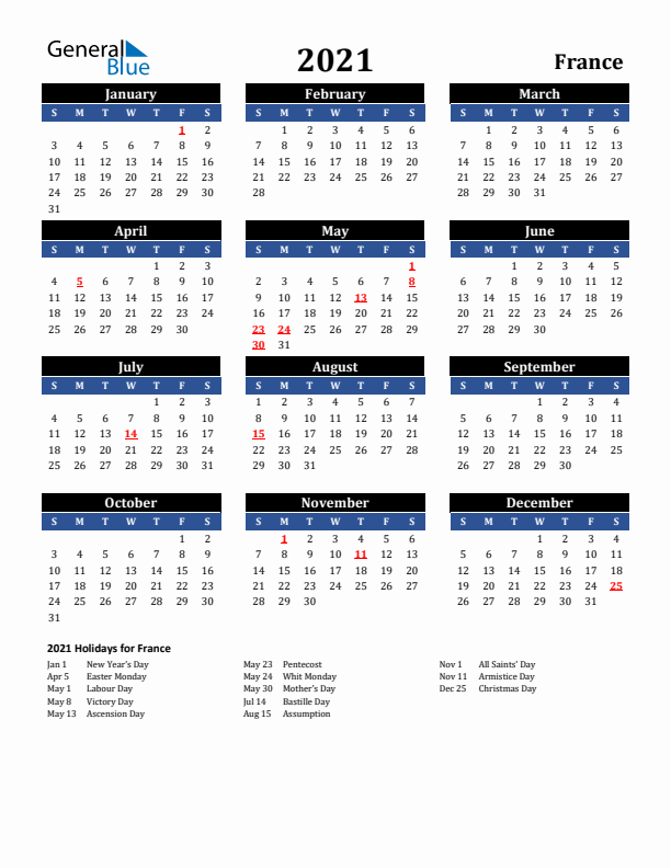 2021 France Holiday Calendar