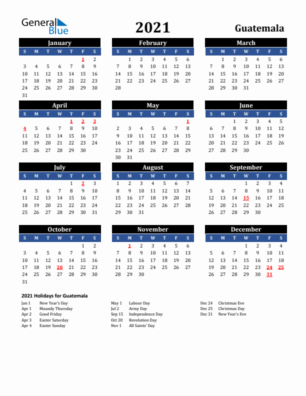 2021 Guatemala Holiday Calendar