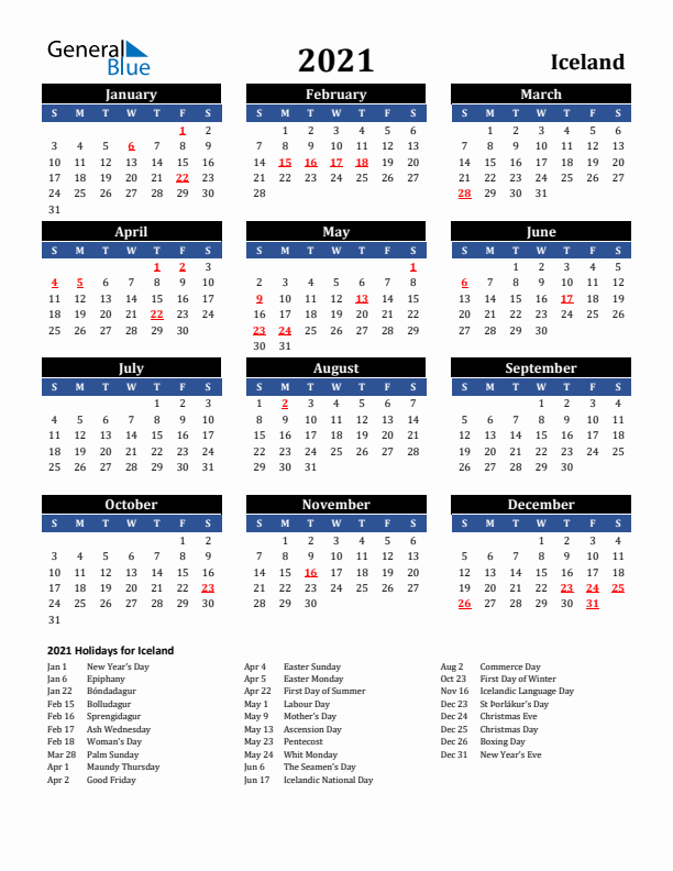 2021 Iceland Holiday Calendar