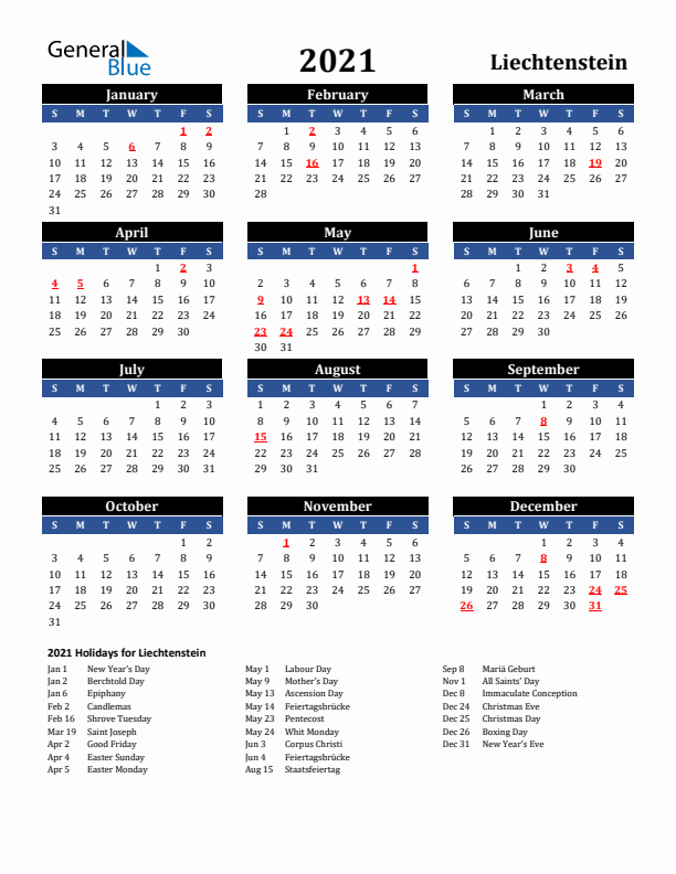 2021 Liechtenstein Holiday Calendar