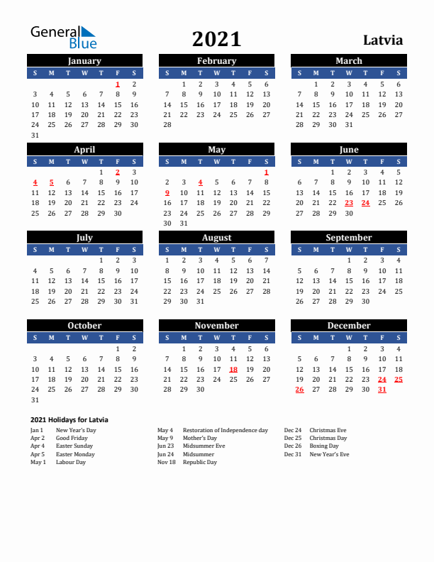 2021 Latvia Holiday Calendar