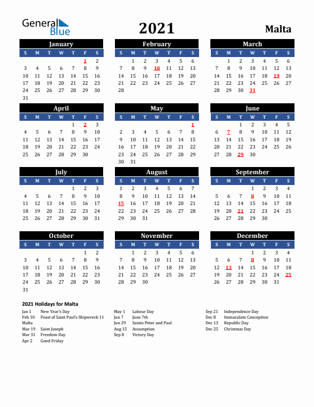 2021 Malta Holiday Calendar