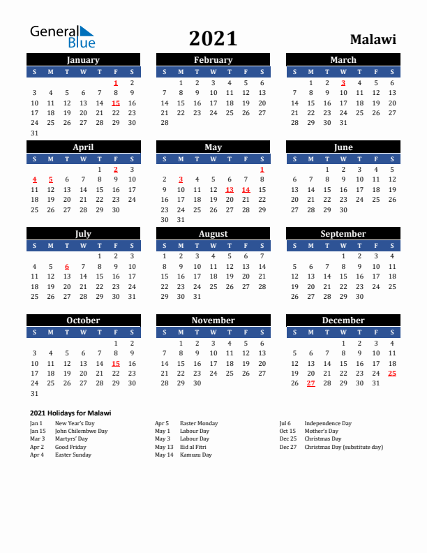 2021 Malawi Holiday Calendar