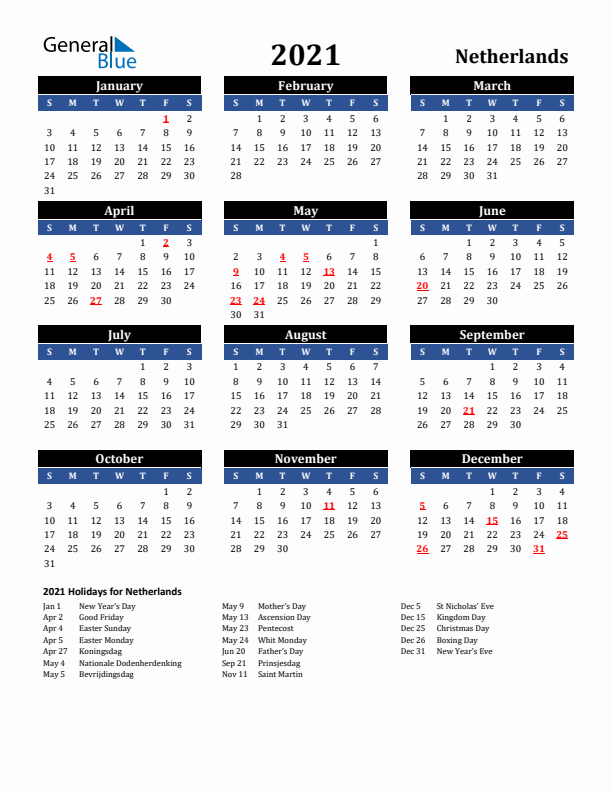 2021 The Netherlands Holiday Calendar