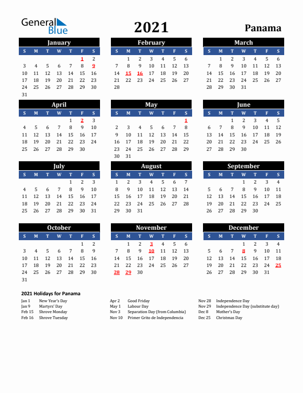 2021 Panama Holiday Calendar