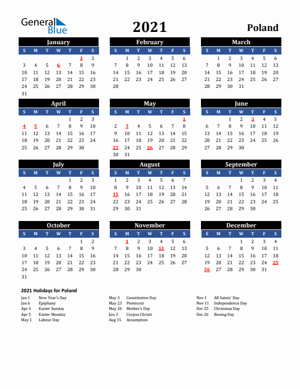 2021 Poland Holiday Calendar