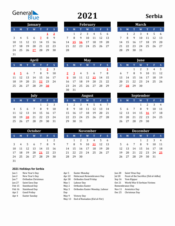 2021 Serbia Holiday Calendar