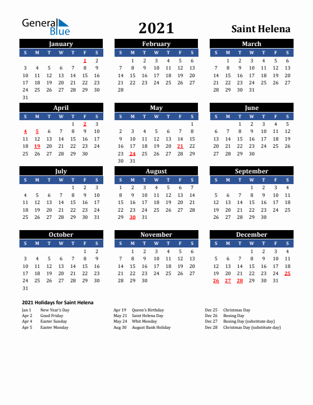 2021 Saint Helena Holiday Calendar