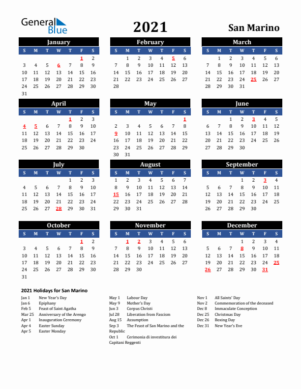 2021 San Marino Holiday Calendar