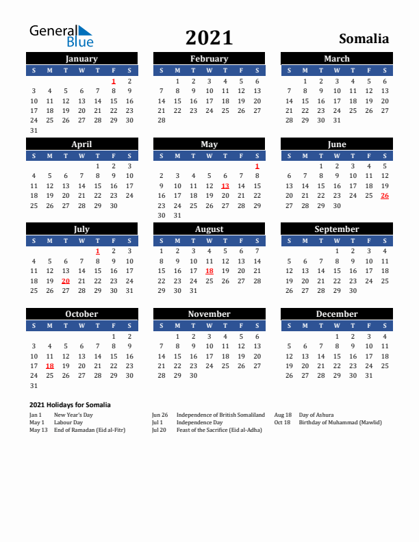 2021 Somalia Holiday Calendar