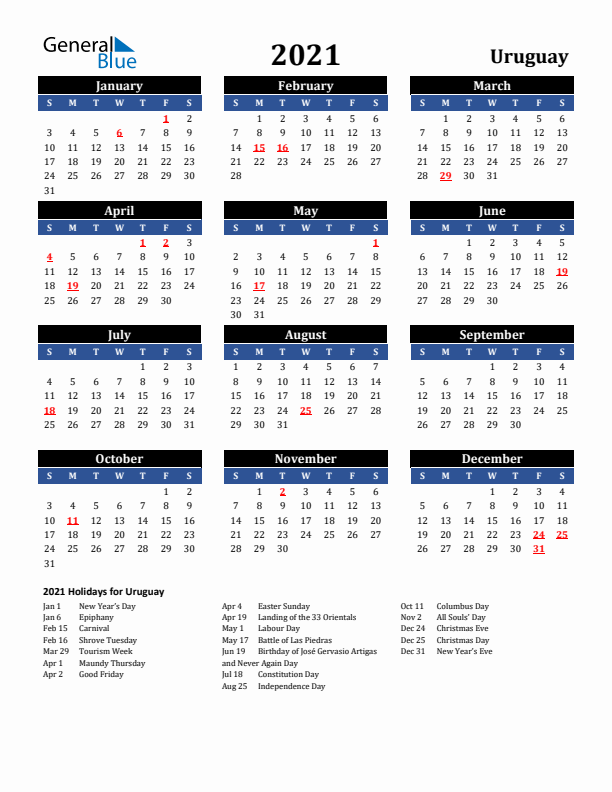 2021 Uruguay Holiday Calendar