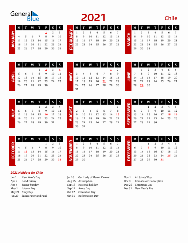 Download Chile 2021 Calendar - Monday Start