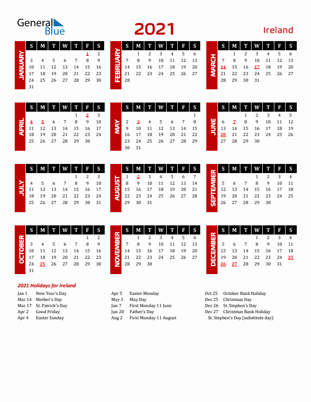 Download Ireland 2021 Calendar - Sunday Start