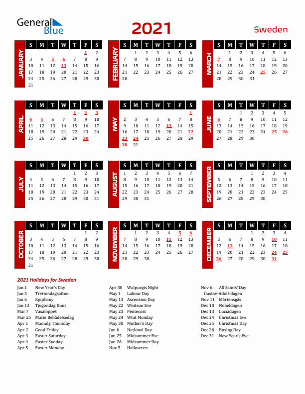 Download Sweden 2021 Calendar - Sunday Start