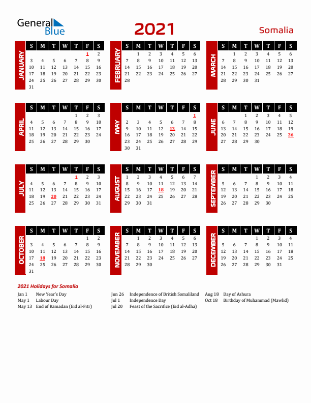 Download Somalia 2021 Calendar - Sunday Start