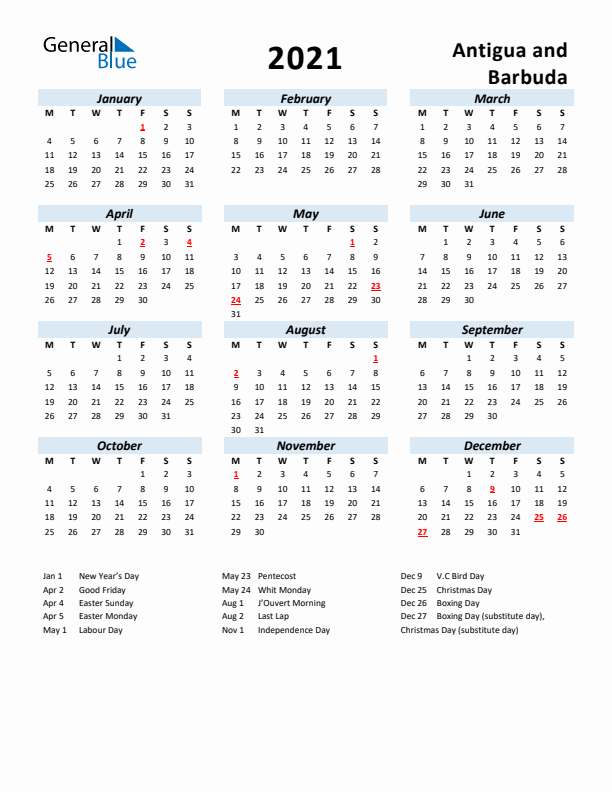 2021 Calendar for Antigua and Barbuda with Holidays