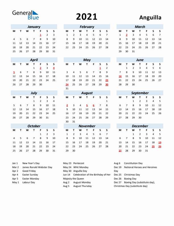 2021 Calendar for Anguilla with Holidays