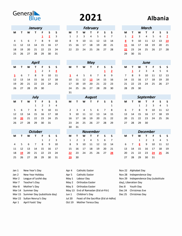 2021 Calendar for Albania with Holidays