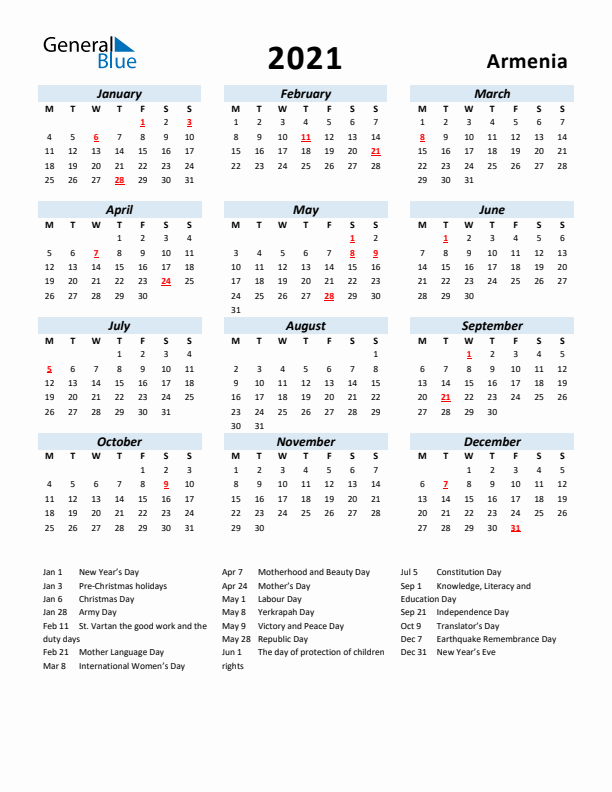 2021 Calendar for Armenia with Holidays