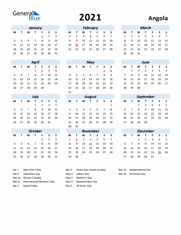 2021 Calendar for Angola with Holidays