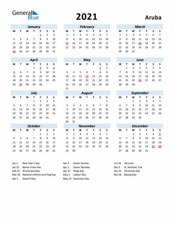 2021 Calendar for Aruba with Holidays