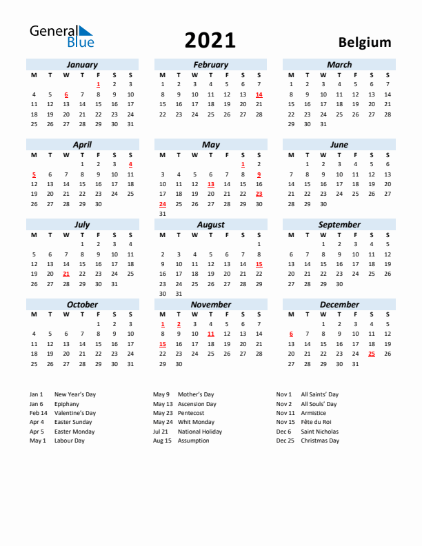 2021 Calendar for Belgium with Holidays