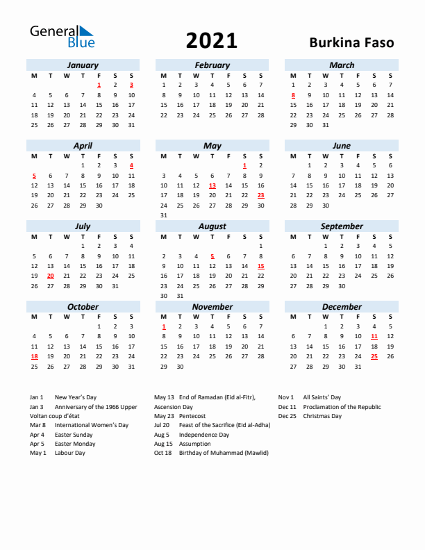 2021 Calendar for Burkina Faso with Holidays