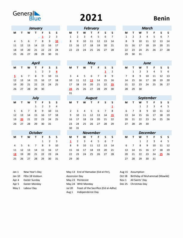 2021 Calendar for Benin with Holidays