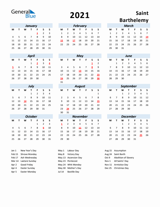 2021 Calendar for Saint Barthelemy with Holidays