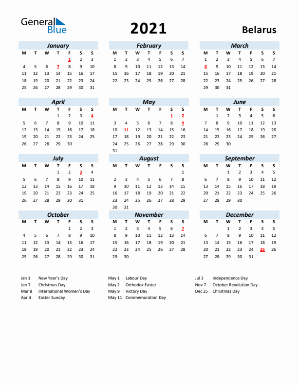 2021 Calendar for Belarus with Holidays