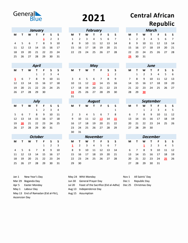 2021 Calendar for Central African Republic with Holidays