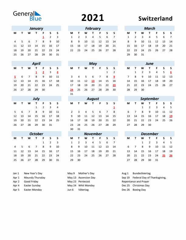 2021 Calendar for Switzerland with Holidays