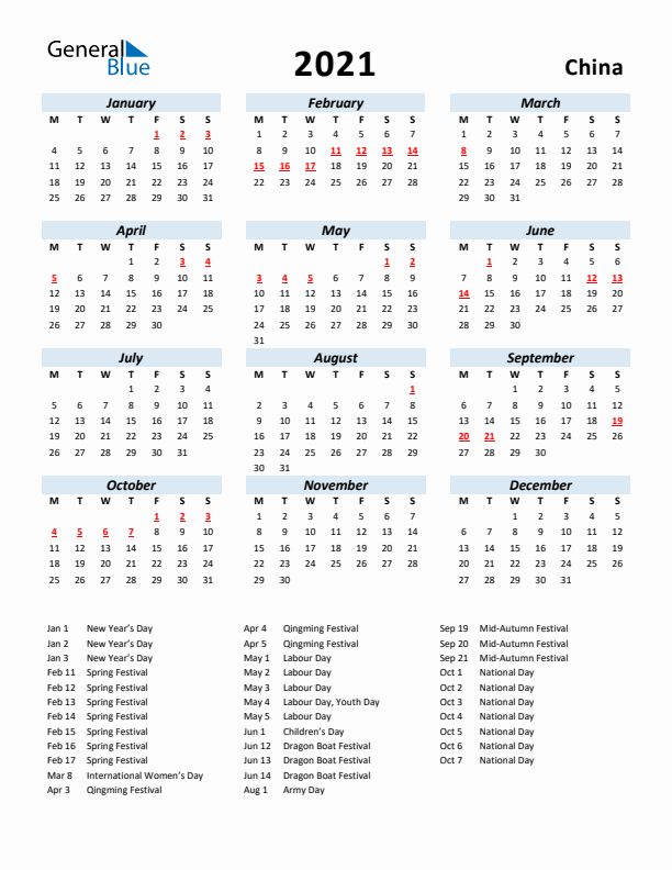 2021 Calendar for China with Holidays