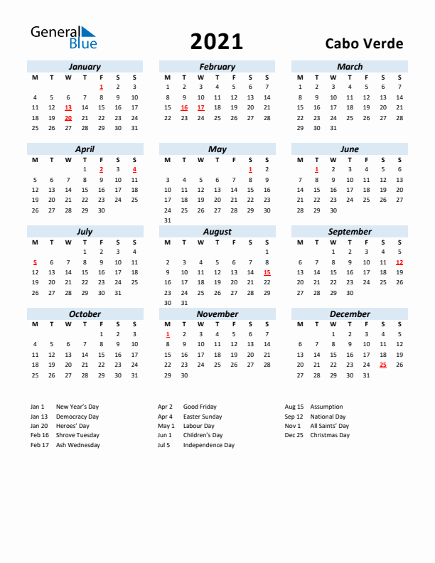 2021 Calendar for Cabo Verde with Holidays