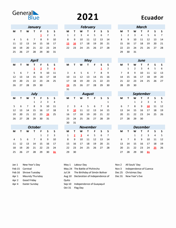 2021 Calendar for Ecuador with Holidays