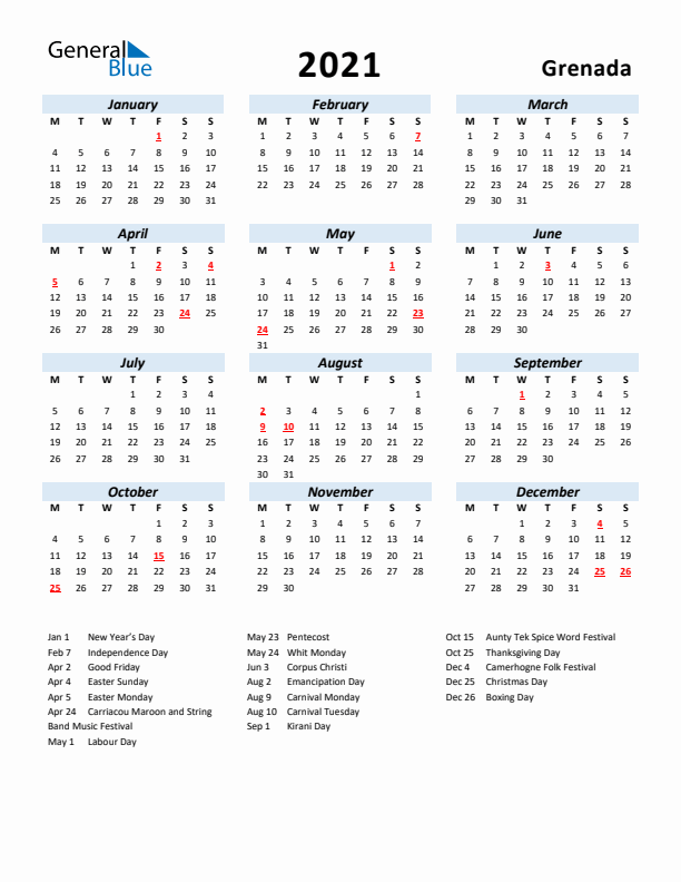 2021 Calendar for Grenada with Holidays