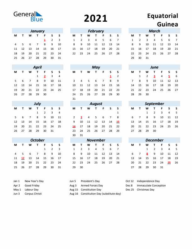 2021 Calendar for Equatorial Guinea with Holidays