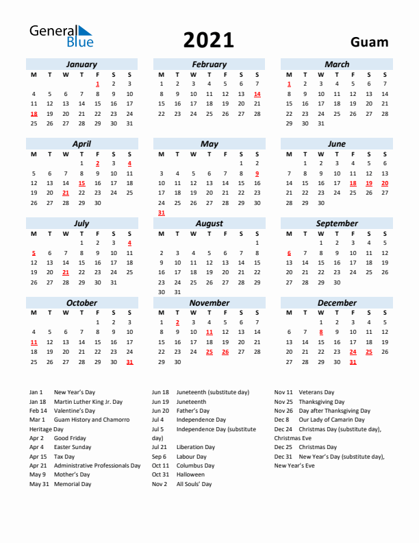 2021 Calendar for Guam with Holidays