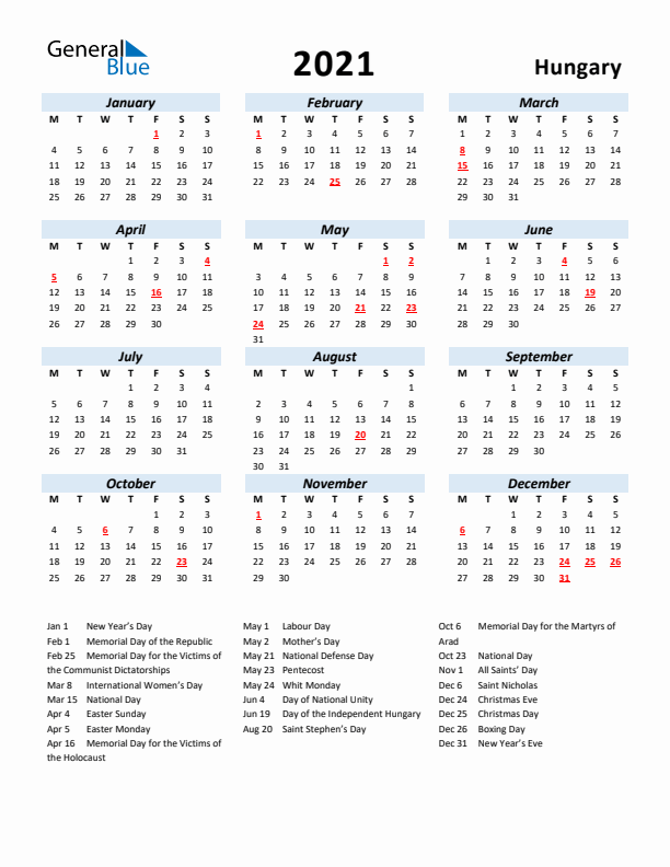 2021 Calendar for Hungary with Holidays