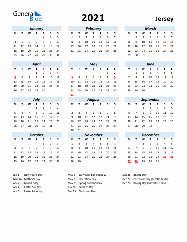 2021 Calendar for Jersey with Holidays