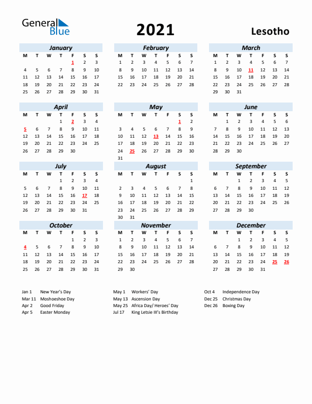 2021 Calendar for Lesotho with Holidays