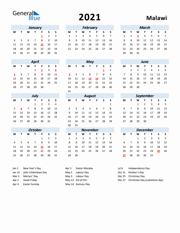 2021 Calendar for Malawi with Holidays