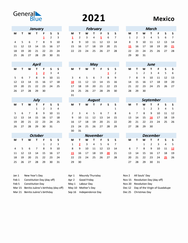 2021 Calendar for Mexico with Holidays