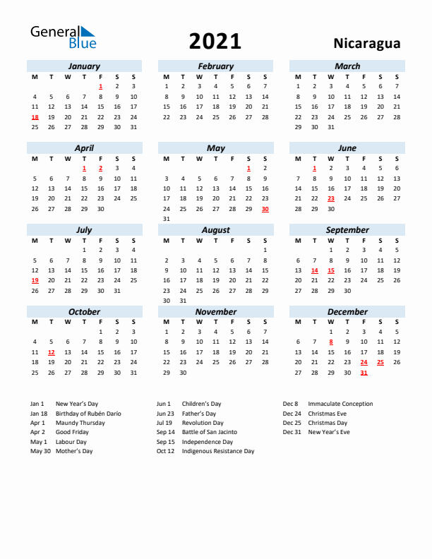 2021 Calendar for Nicaragua with Holidays