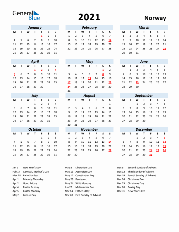 2021 Calendar for Norway with Holidays