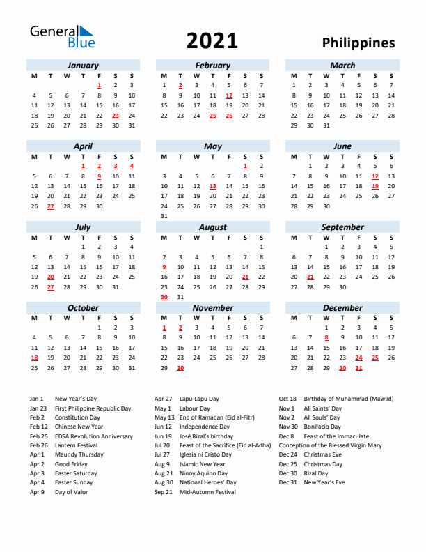 2021 Calendar for Philippines with Holidays