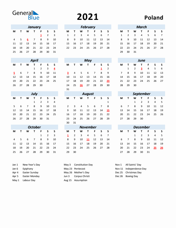 2021 Calendar for Poland with Holidays