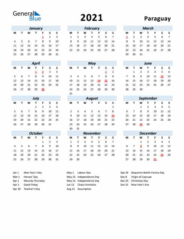 2021 Calendar for Paraguay with Holidays