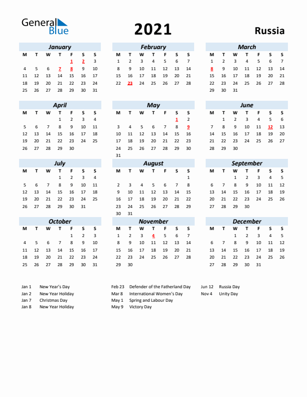 2021 Calendar for Russia with Holidays